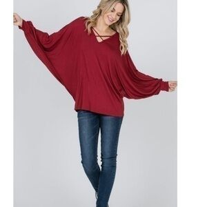 VEVERET burgundy cross strap wing sleeve top